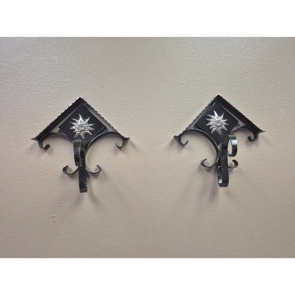 Vintage West Germany Edelweiss Wall Hooks Pair Black Metal Alpine Folk Decor Set